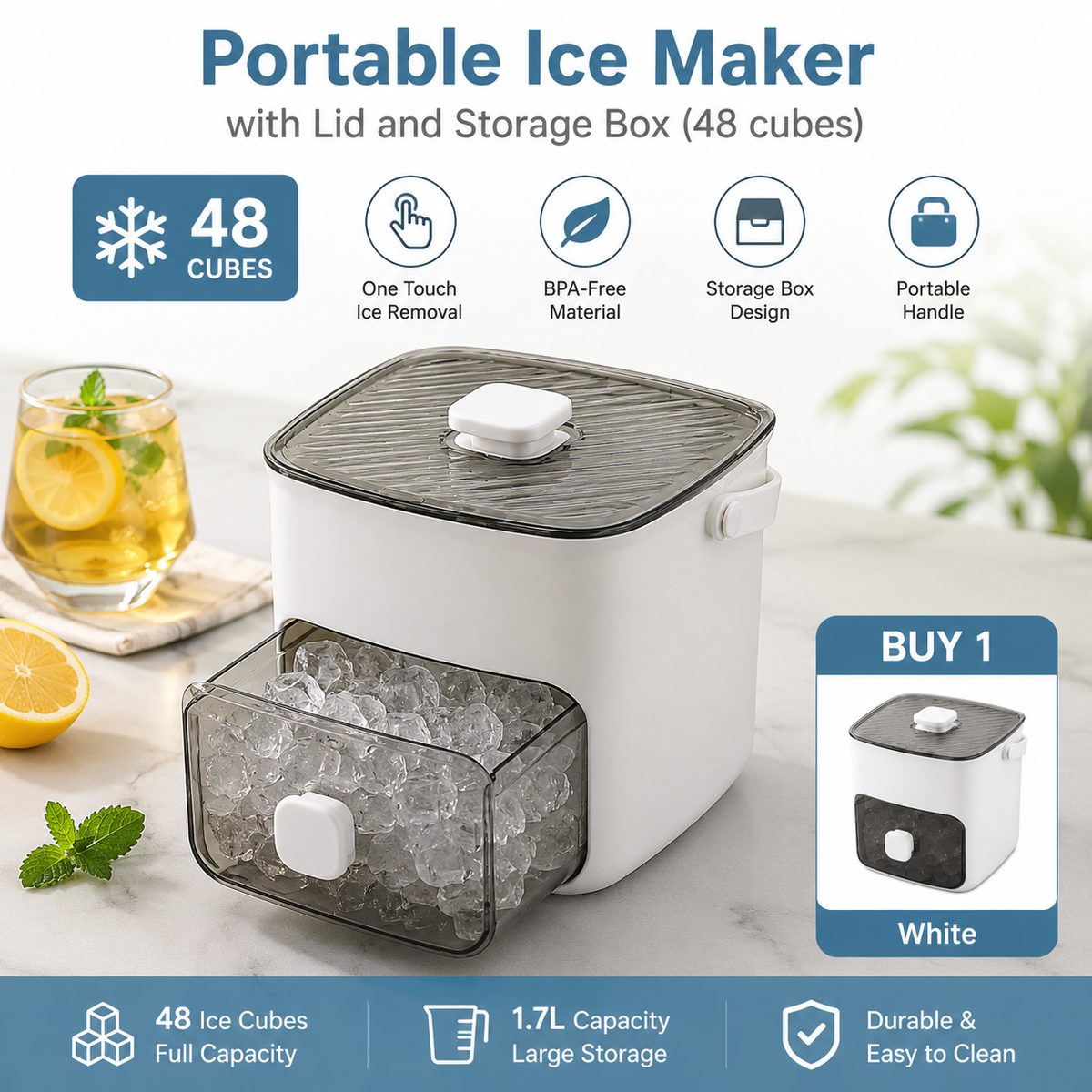 🥳2026 HOT SALE🥳💞50K+ SOLD!🧊Portable Ice Maker with Lid and Storage Box (48 cubes)