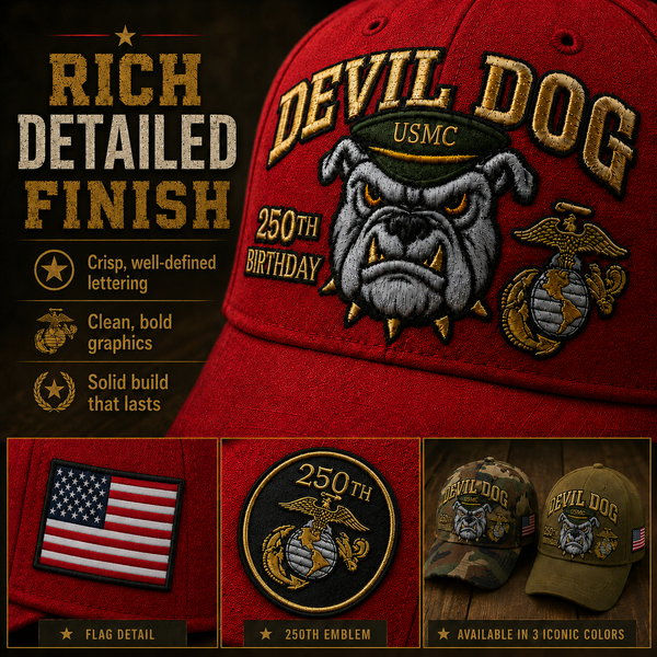 🔥 Father’s Day Sale - ❤️ Handmade Embroidered Devil Dog USMC 250th Birthday Commemorative Cap 🇺🇸